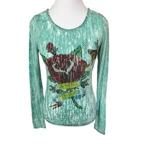 Custo Barcelona Y2K Mesh Graphic Top Tattoo Rose Bee Long Sleeve Stretch